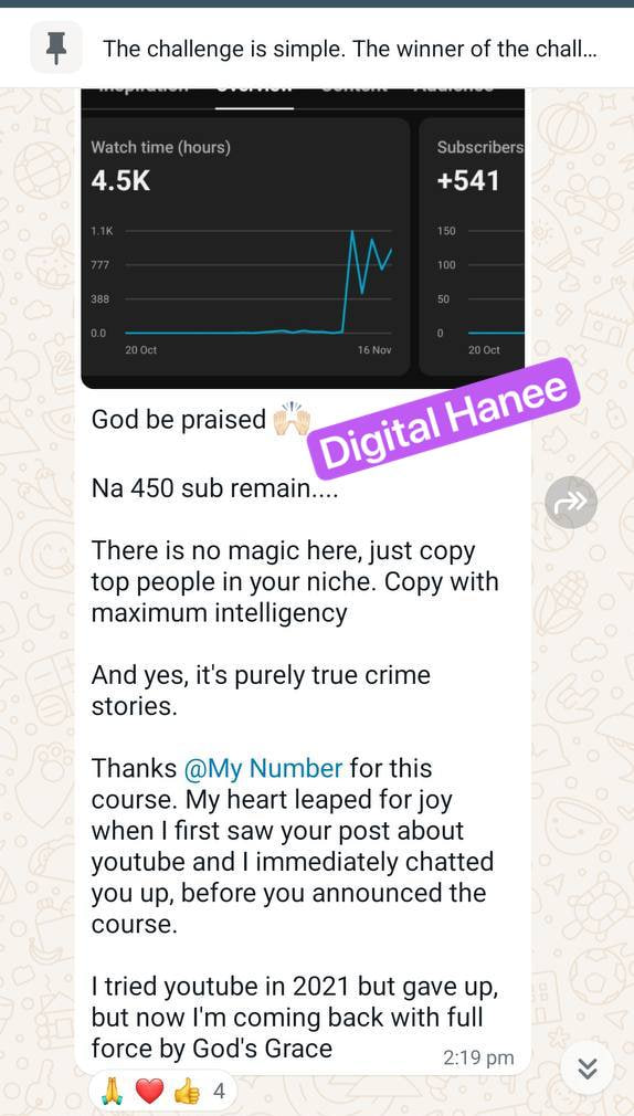 Student's YouTube Studio analytics showing channel growth