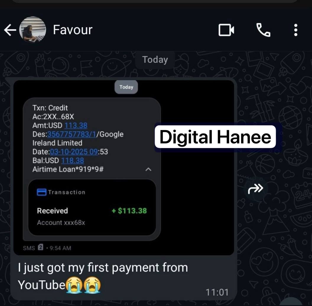 Student's first YouTube payment alert